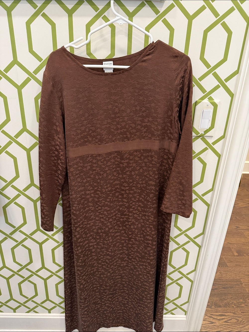 Eileen Fisher Chocolate Brown Silk Textured Long Sleeve Midi Dress